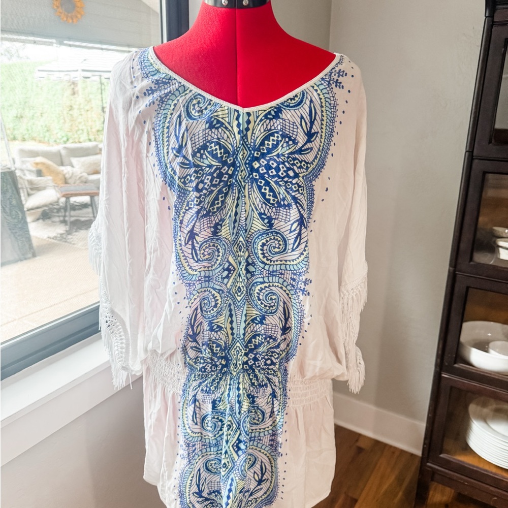Swimsuits For All Boho Blue Print Fringe Sleeve Beach Coverup Size 22/24